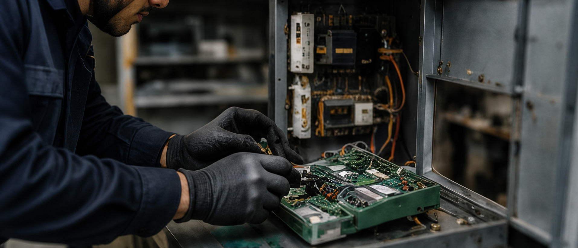 Técnico realizando mantenimiento electrónico en un equipo industrial